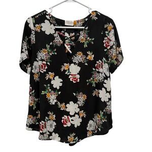 Sienna Sky Floral Blouse Size Small Black Boho V Neck Crisscross Flowy Top